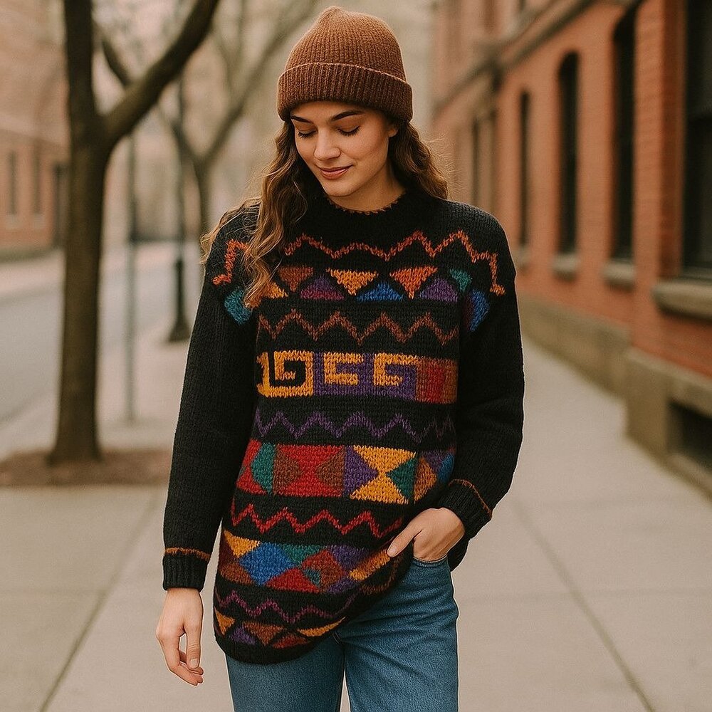Retro Bold Geometric Sweater Size M VTG Chunky Knit Colorful Pattern Pullover
